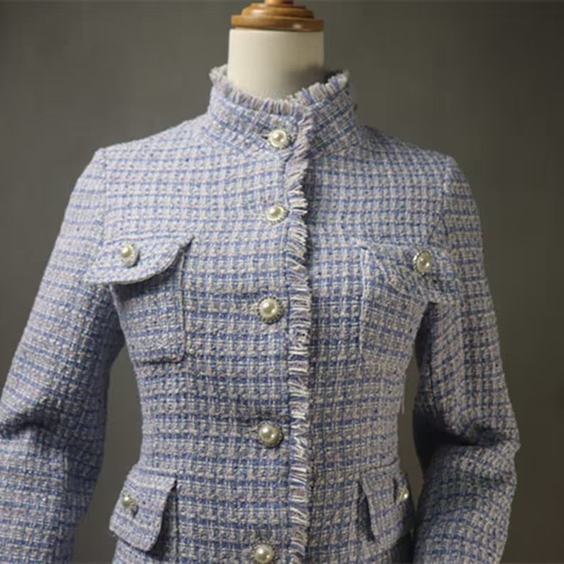 High Neck Pearl Buttons Blue Tweed Suit For Women UK CUSTOMER SERVICE! High Neck Pearl Buttons Blue Tweed Suit For Women - Our tailor will make as per customer requirement like with pocket, sleeveless, without pocket etc. Suit is design with tweed fabric, its unique style and can worn for party, night out, ceremony , inauguration and Functions. Designed with High neck and Pearl Buttons.