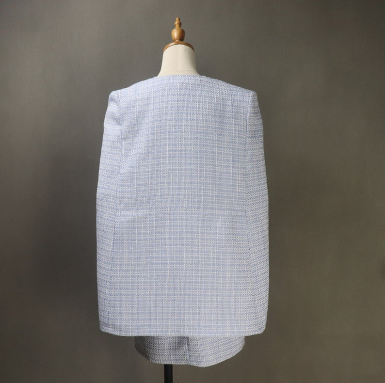 Women's CUSTOM MADE Tweed Blue Coat Cape + Dress/ Skirt/ Trousers UK CUSTOMER SERVICE! Women's CUSTOM MADE Tweed Blue Coat Cape + Dress/ Skirt/ Trousers, can worn for official use, interview , ceremony and college inauguration. Dry Cleaning and no machine washable. We offer Dress, Shorts, Skirts, Trousers for the suit
