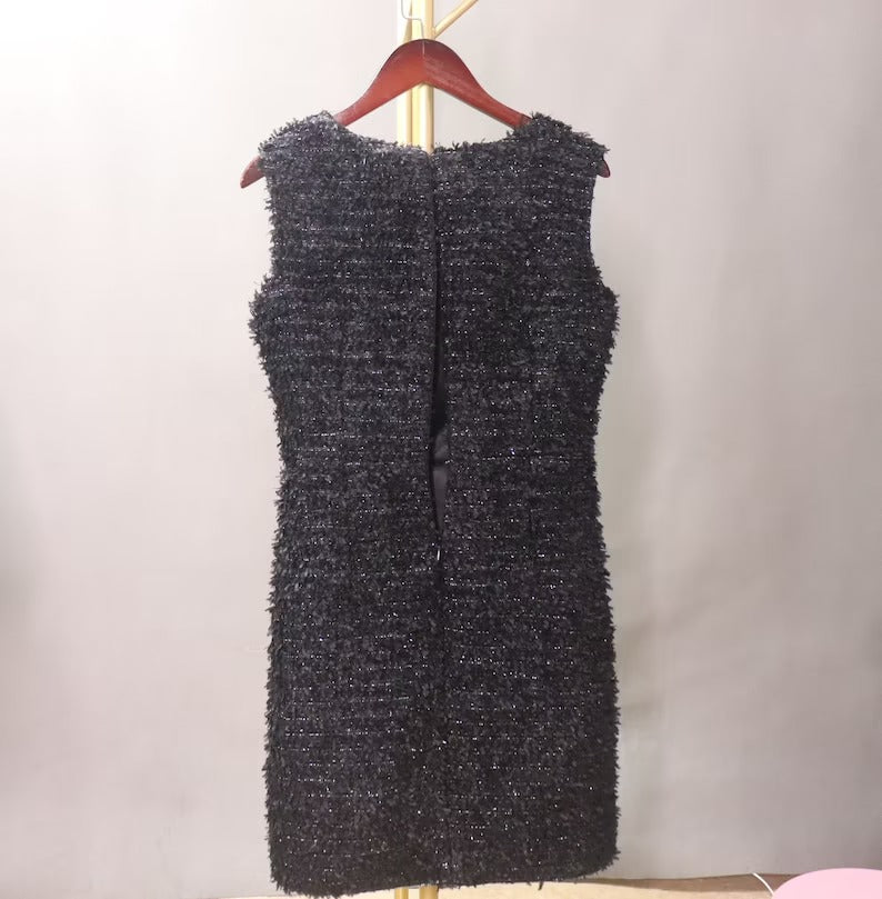 Women Custom Made Bow Decoration Tweed Sheath Dress Black - Fashion Pioneer