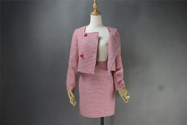 Custom Made Tweed Squire Neck Small Check Blazer + Skirt Suit