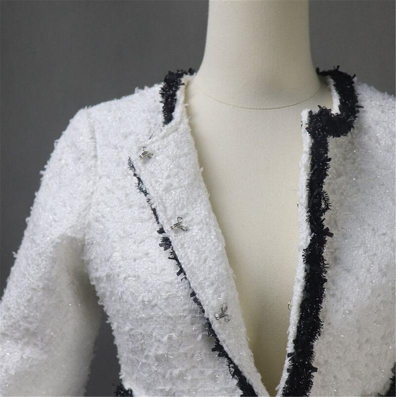 Women Custom Made Classic Black Trim White Tweed Skirt / Shorts Formal Suit