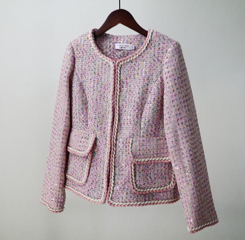Womens Designer Inspired Big Pockets Custom Made Sequined Tweed Shorts/Skirt Suit Pink