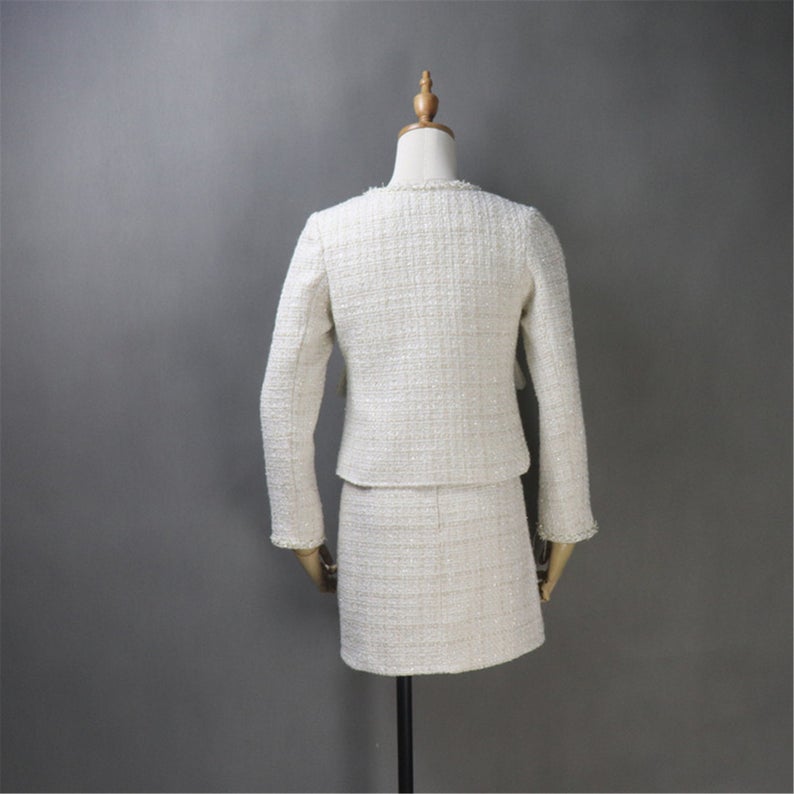 Women's Custom Made Beige Tweed Blazer Coat+ Skirt Suit UK CUSTOMER SERVICE! Women's Custom Made Beige Checked Pattern Tweed Blazer Coat+ Skirt Suit, can wear it for all suitable occasion. This suit with front two pocket, round neck and long sleeves with pearl buttons. Skirt with back zip and our tailor make exact shape and design as per customer requirement. Dry clean and no machine wash.
