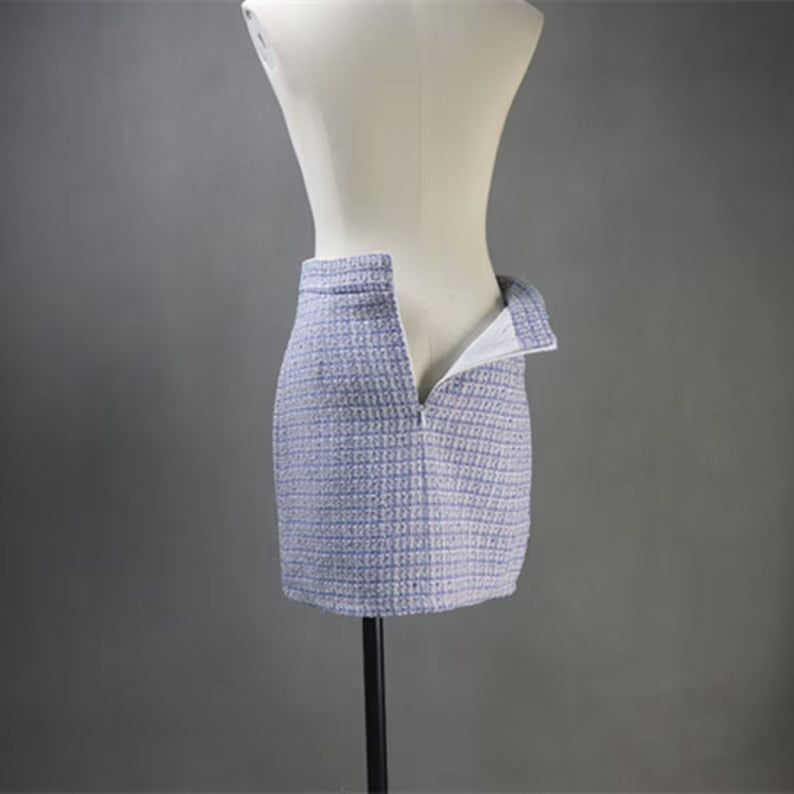 High Neck Pearl Buttons Blue Tweed Suit For Women UK CUSTOMER SERVICE! High Neck Pearl Buttons Blue Tweed Suit For Women - Our tailor will make as per customer requirement like with pocket, sleeveless, without pocket etc. Suit is design with tweed fabric, its unique style and can worn for party, night out, ceremony , inauguration and Functions. Designed with High neck and Pearl Buttons.