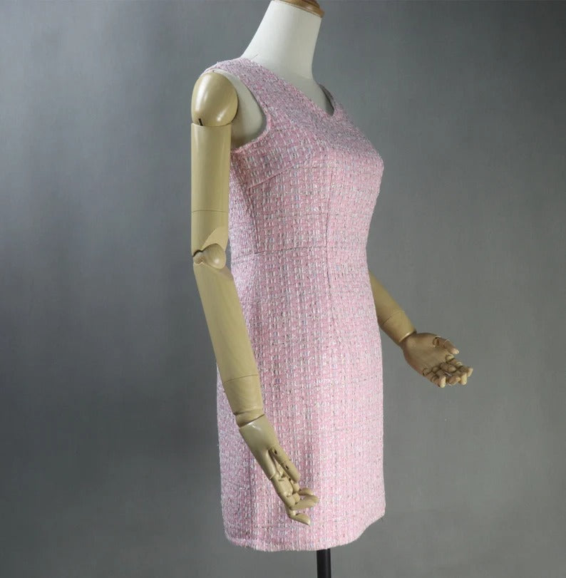 Women Custom Made Tweed Pink Colour Tassel Fringe Dress (more than 10% discount) - We are happy to make as per customer size like Oversized, Plus Size, Extra Size, Perfect body measure ,Small size ,Large size. Our tailor will make perfect Tweed fabric for you. This is all season dress, can wear for outside, weddings , ceremony, Events and functions.