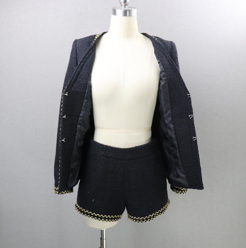 Golden Trim Hand Custom Made Tweed Shorts/Skirt Suit