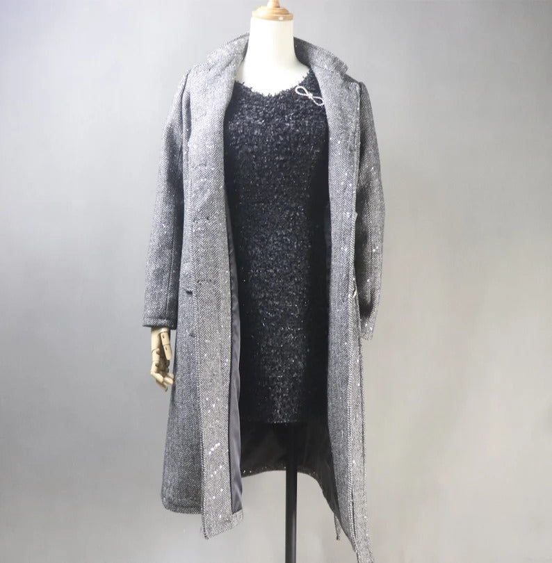 Women's Winter Tailor MADE Sequinned Tweed Belted Long Warm Trench Coat Grey UK CUSTOMER SERVICE! Women's Winter Tailor MADE Sequinned Tweed Belted Long Warm Trench Coat Grey- Grey warm coat can wear for Winter season and Autumn season. Feel comfort and elegant. Sequinned Style Long Sleeves Long belt Front pocket Pearl Button Collar type Neck