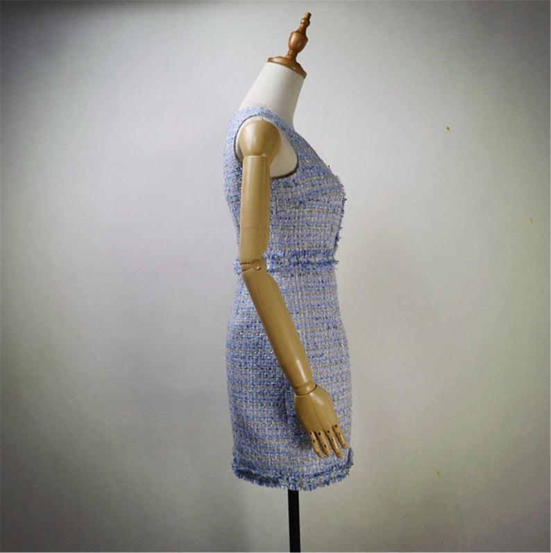 Women Custom Made Check Tweed Blue Color Dress/Shorts/Skirt Suit