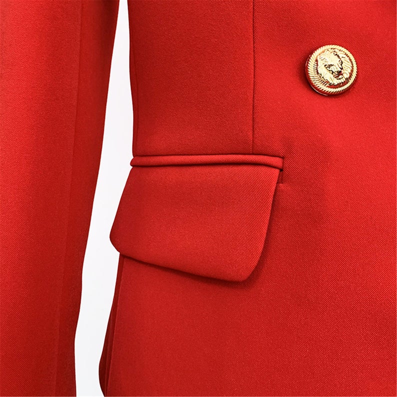 Women's Luxury Fitted Blazer Golden Lion Buttons Coat red UK CUSTOMER SERVICE! Women's Luxury Fitted Blazer Golden Lion Buttons Coat red - Suit for spring, summer, fall and winter. Classic and Unique design will make you look more charming when you dress it in any professional occasion. The Blazer fitted jacket has a golden button frontage with single button closure. Polyester ,Fastening: Button. Slim Fit. Long Sleeve.