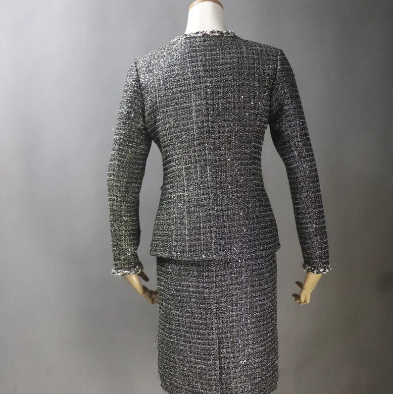 Women Custom Made Tweed Dark Grey Jacket + Dress/Shorts/ Pencil Skirt Suit - Fashion Pioneer