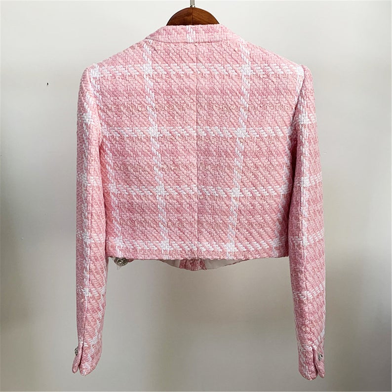 Women's Designer Inspired Jewellery Buttons Tweed Pink Crop Blazer + Skirt UK CUSTOMER SERVICE! Women's Jewellery Buttons Tweed Pink Crop Blazer + Skirt, can worn for casual wear, party, lunch with friends. Feel more comfort and good. Size: UK 4-12/ EU 32-40/ US 0-8
