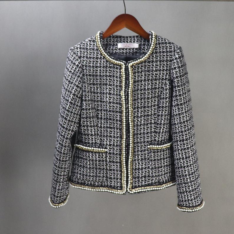 Tailor Made Black Pearls and Chain Checked Blazer Coat+ Skirt/ Shorts Suit for Women's UK CUSTOMER SERVICE! Tailor Made Black Pearls and Chain Checked Blazer Coat+ Skirt/ Shorts Suit for Women's ,can worn for ceremony, interview, official use and college inauguration. All items are made to order. Please advise your height, weight and body measurements ( Bust, shoulder, Sleeves, Waist and Length etc). Our tailors will make the order for you! Handmade Materials: Tweed