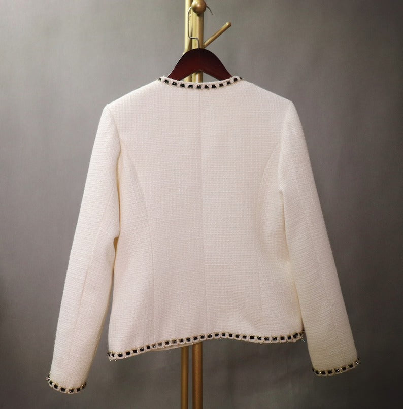 Women's CUSTOM MADE White Tweed Coat Blazer UK CUSTOMER SERVICE! Coat And Sheath dress sold separately. Women's CUSTOM MADE White Tweed Coat Blazer - We offer Shorts, Skirts, Trousers for the suit. The coat is suits to any dress like sheath dress. Designed with rose and front pocket. Our tailor will make as per customer requirement like with pocket, sleeveless, without pocket etc.