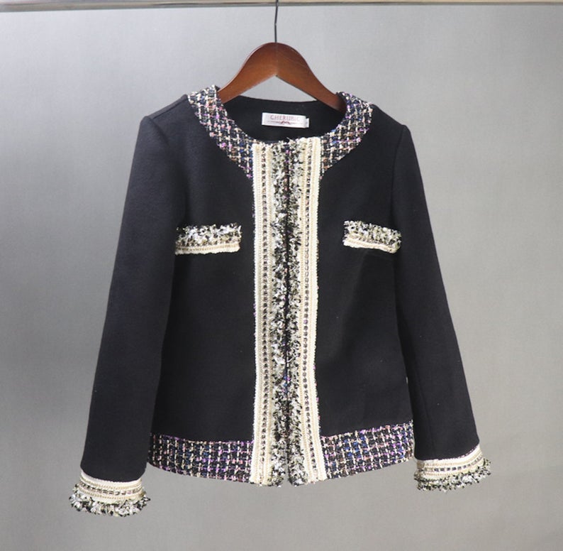 Wool Black Jacket Coat Blazer Custom Made For Women UK CUSTOMER SERVICE! Wool Black Jacket Coat Blazer Custom Made For Women - This is 50% wool and Tweed fabric. Unique look. Dry Cleaning and No machine wash. Feel light weight and worn for all occasion. Front tassel and round neck. No matter if you're heading out to shop or to the office. Feel free to wear with Shorts or Skirt or Trousers. We offer Shorts, Skirts, Trousers for the suit.
