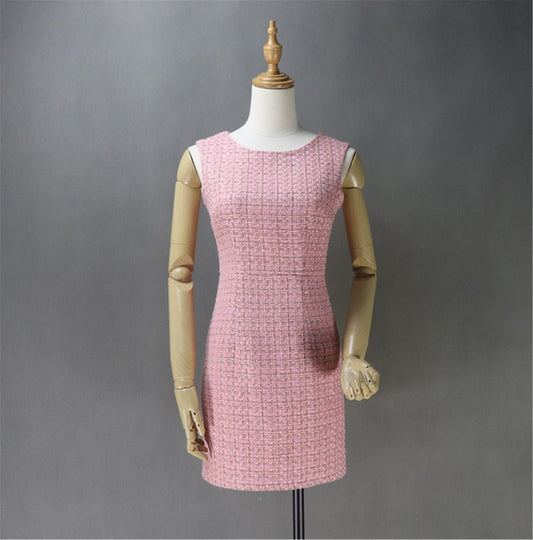 Pink Tweed Sheath Dress + Long Coat (20% discount) - This is tweed fabric, seasonal fabric, can wear all time. Back zip with long pink coat. Look gorgeous and feel comfort to wear. Can wear official use, Business use ,ceremony and inauguration. As per customer requirement, our tailor will made change in pink tweed fabric and coat.