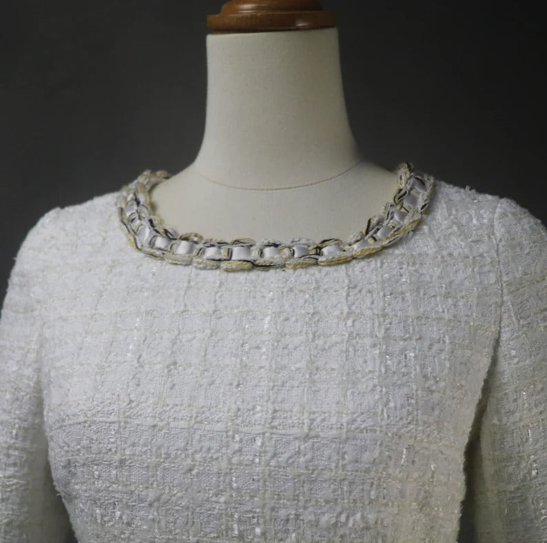 This white tweed dress is perfect for any formal occasions such as wedding, graduation, interviews, business meetings, Daily office wear. Dry Cleaning. The midi length and round-neck gives this pencil fashionable dress a classic and timeless shape, making the baggy trendy pretty dressing gown versatile for various special occasions.