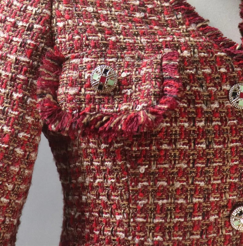 Women's HandMade Dark Red Tweed Jacket Coat Blazer UK CUSTOMER SERVICE! Women's HandMade Dark Red Tweed Jacket Coat Blazer -We offer Shorts, Skirts, Trousers for the suit. Long Sleeves with pockets, Dry Cleaning. Tailored Fit With Red tweed Detailing, Perfect For Any Smart Casual Or Formal Occasion.