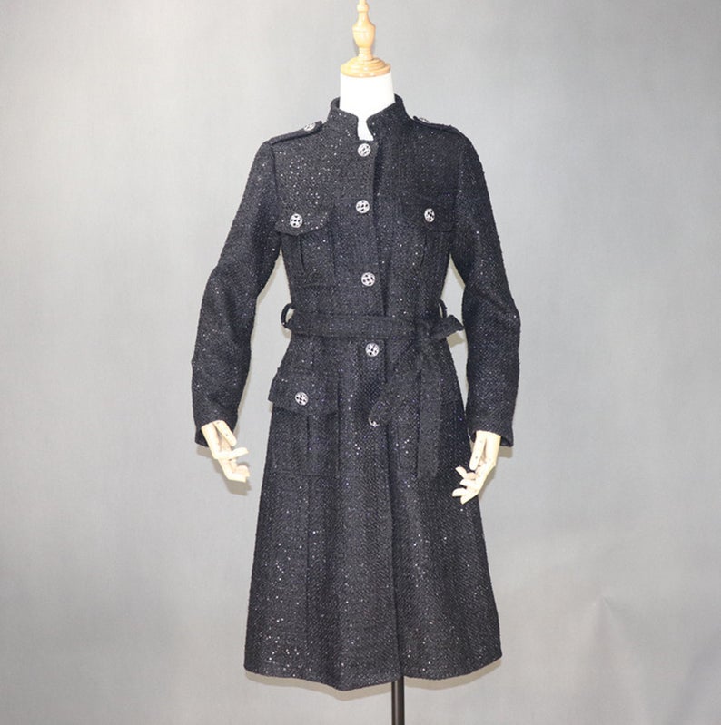 Women Designer Inspired Tweed Wool Blend Sequined Trench Coat Outwear Belted