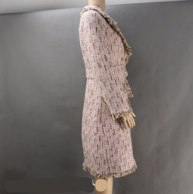 Women Designer Inspired Tweed Wool Blend Pink Trench Coat Outwear Belted