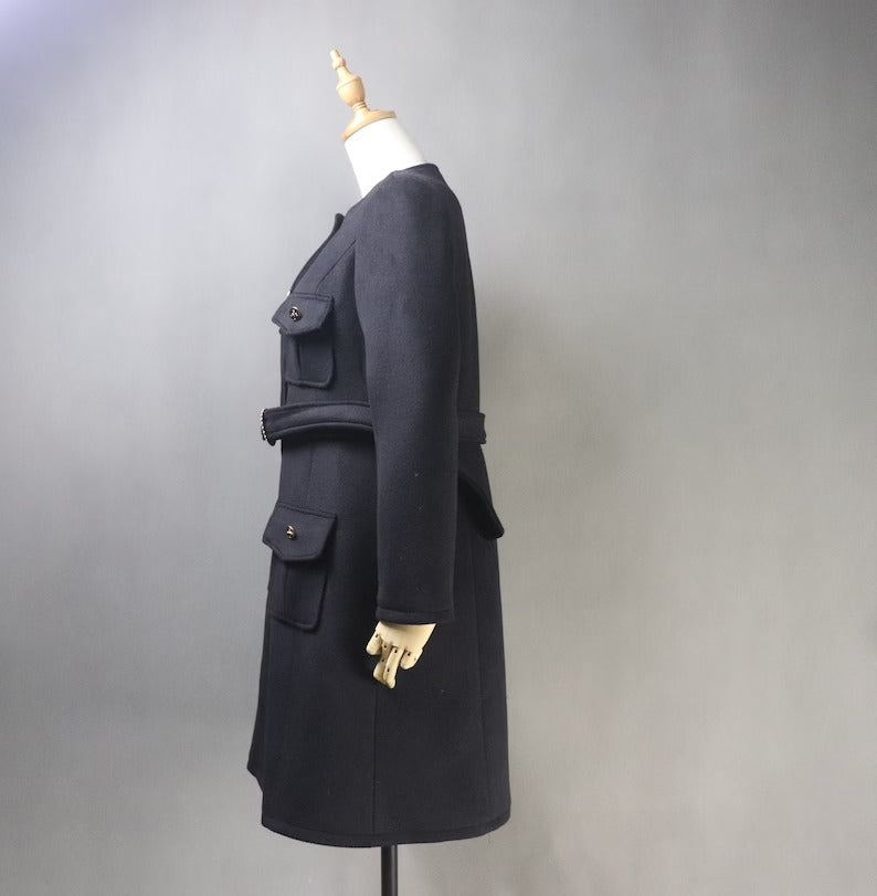 Women's Winter Tailor MADE 50% Wool Tweed Belted Long Warm Trench Coat Black - Fashion Pioneer