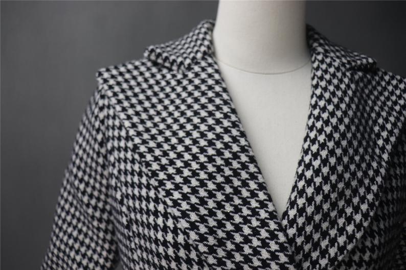 Womens Long Coat CUSTOM MADE Houndstooth Black Checked Wool Blend Tweed UK CUSTOMER SERVICE! Womens Long Coat CUSTOM MADE Houndstooth Black Checked Wool Blend Tweed-All items are made to order. Please advise your height, weight and body measurements ( Bust, shoulder, Sleeves, Waist and Length etc). Our tailors will make the order for you! Materials: Wool blend (20% Wool)