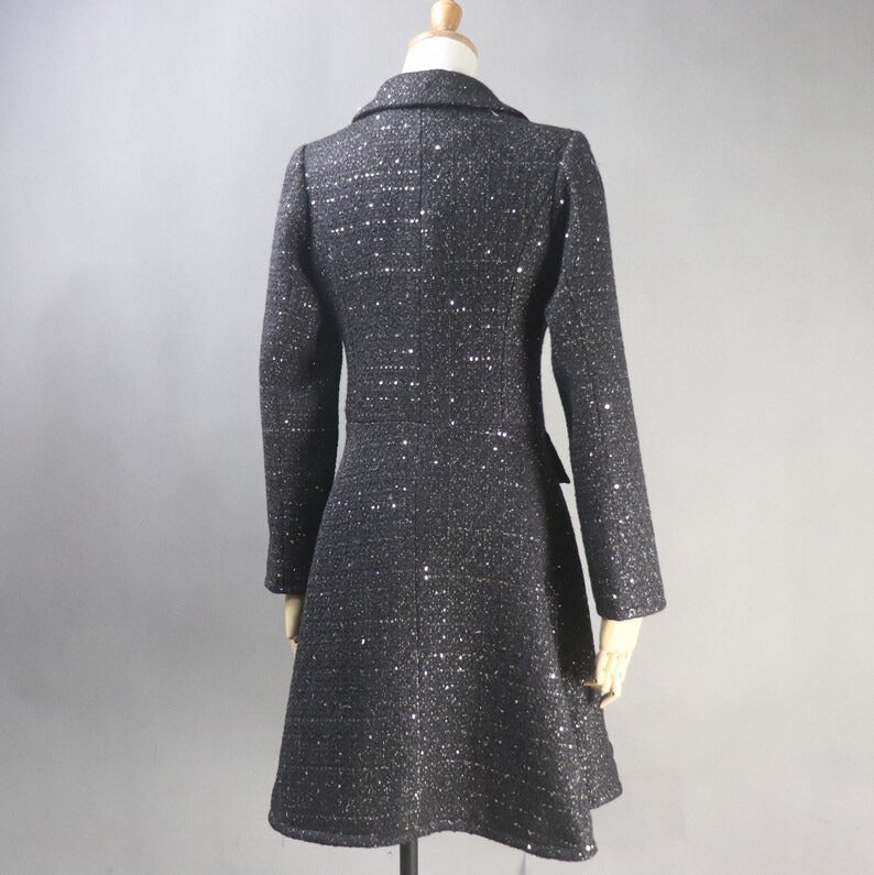 Black Sequinned Flare Tweed Long Warm For Womens. Long Winter Coat,Black Winter Coat,Sequinned Long Coat,Sequin Winter long Coat,Sequin warm long coat,Warm Long Coat,Winter Long Coat,Women Long COat for Winter,sequin long coat,sequin winter coat