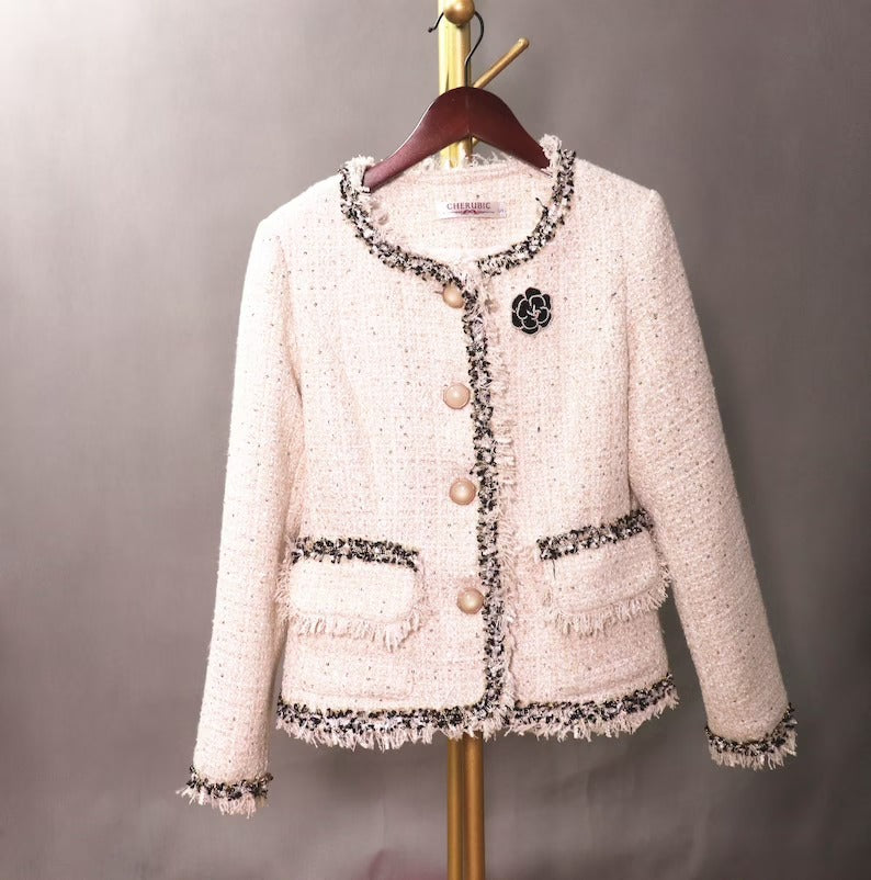 Pearl Buttons Fringe Cream Tweed Jacket Coat Blazer For Women's UK CUSTOMER SERVICE! Coat And Sheath dress sold separately. Pearl Buttons Fringe Cream Tweed Jacket Coat Blazer - We offer Shorts, Skirts, Trousers for the suit. The coat is suits to any dress like sheath dress. Pearl buttons with tassel design. Our tailor will make as per customer requirement like with pocket, sleeveless, without pocket etc.