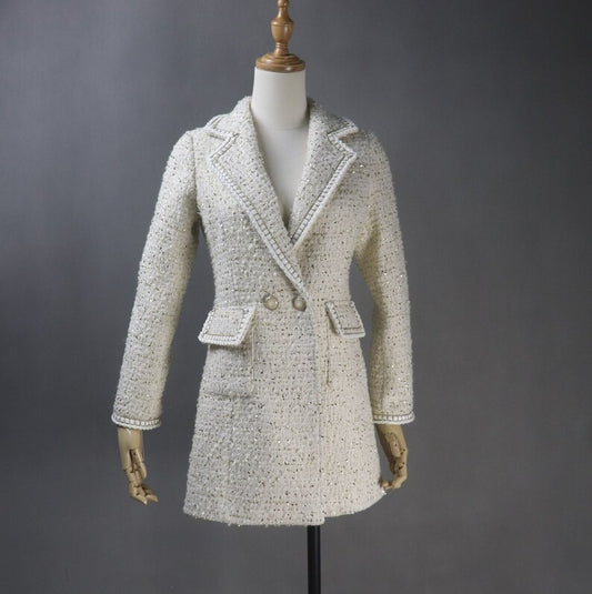 Women's CUSTOM MADE Chain Trim Golden Sparkle Tweed Coat Cream UK CUSTOMER SERVICE! Women's CUSTOM MADE Chain Trim Golden Sparkle Tweed Coat Cream- Long Coat have unique style. Can worn for winter season, party wear, night out ,it has front pocket with sequinned design ,white buttons and Long Sleeves. You can feel more comfort and warm. Fully Lined and sharply tailored. Made of comfortable and fantastic fabric, show off your charming curves.