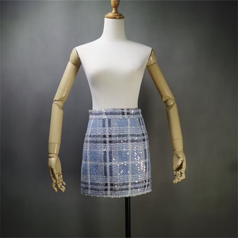 Women's Sequined Blue Check Tweed Suits And Coat UK CUSTOMER SERVICE! Women's Sequined Blue Check Tweed Suits And Coat - Sequined Suits and Coat have unique style. We offer Shorts, Skirts, Trousers for the suit. Our tailor will make as per customer requirement like with pocket, sleeveless, without pocket etc. All items are made to order with very experienced tailors. Please advise your height, weight and body measurements