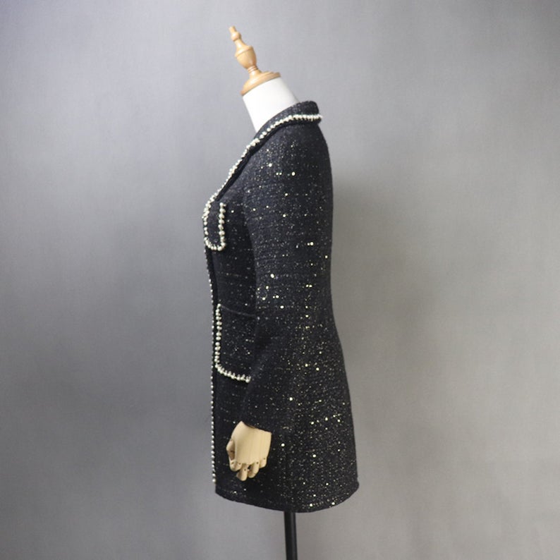 ailor Made Tweed Pearls Black Blazer Mid Length / Long Sequinned Coat for Women UK CUSTOMER SERVICE! Tailor Made Tweed Pearls Black Blazer Mid Length / Long Sequinned Coat for Women, can worn for ceremony, inauguration and official use. Its no machine washable, dry cleaning and feel more comfort to wear. All items are made to order. Please advise your height, weight and body measurements ( Bust, shoulder, Sleeves, Waist and Length etc). Our tailors will make the order for you! HandMade Materials: Tweed