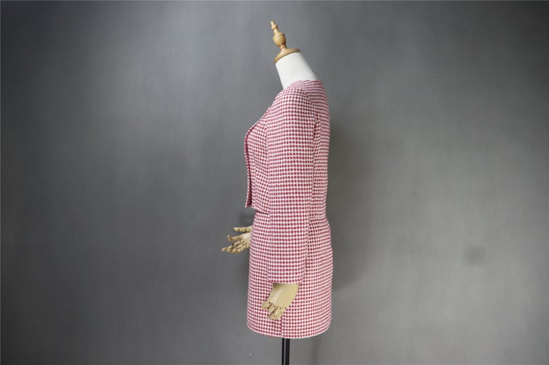 Custom Made Tweed Squire Neck Small Check Blazer + Skirt Suit
