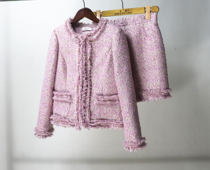 Big Pockets Custom Made Tassel Tweed Skirt Suit Pink