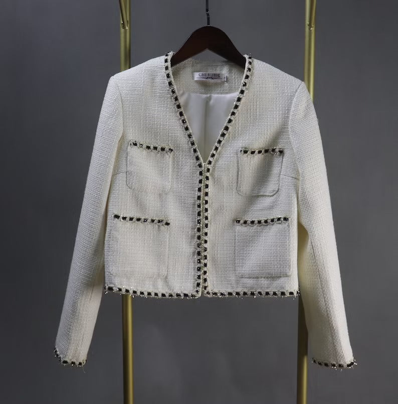 Women's Tailor MADE White Trim Short Suit/Skirt *Custom Made* UK CUSTOMER SERVICE! Women's Tailor MADE White Trim Short Suit/Skirt - V neck design with pockets. Suits and Coat have unique style. Can worn for inauguration, party ,wedding , events and ceremonies. We offer Shorts, Skirts, Trousers for the suit. Our tailor will make as per customer requirement like with pocket, sleeveless, without pocket etc.