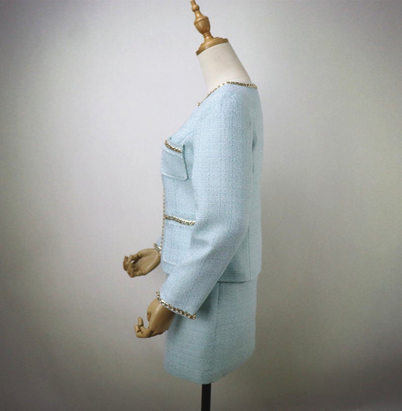 Tailor Made Suits for Women Chain Decoration Tweed Blazer + Skirt Suit - Sky Blue suit and skit with round neck and chain decorated for arm and pocket. We customize everything according to your measurements because we want to make sure your suit fits you perfectly. We create garments that are a perfect fit and deliver it to your door.