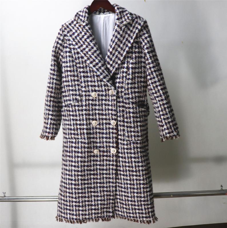 CUSTOM MADE Hounds tooth Wool Blend Tweed Long Coat