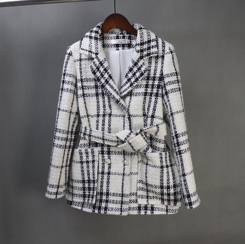Tweed Checked Double Breasted Coat White *Customized Size* UK CUSTOMER SERVICE! Tweed Checked Double Breasted Coat White - This is front pocket with pearl button and front tie belt, Long Sleeves, sliver lined with black and white checked tweed fabric. Can worn winter time , outside and autumn season.