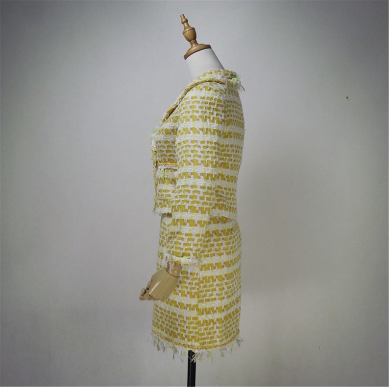 Womens Designer Inspired Custom Made Yellow Tweed Blazer + Skirt Suit