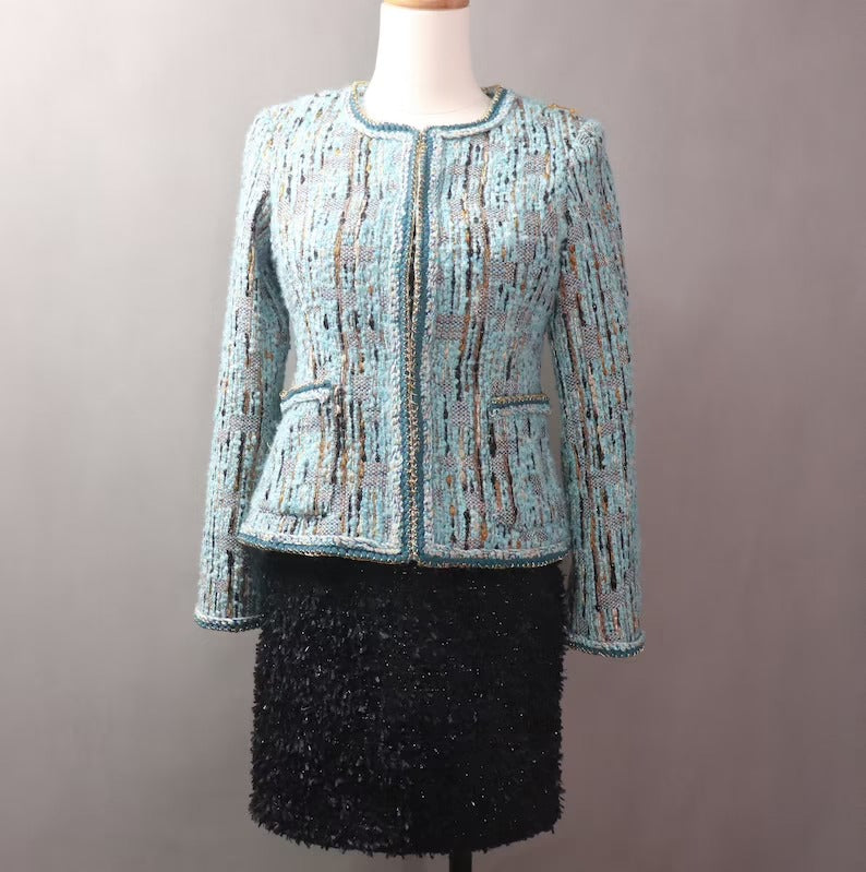 Blue Multi-Color Tweed Jacket Coat Blazer For Womens UK CUSTOMER SERVICE! Coat And Sheath dress sold separately. Blue Multi-Color Tweed Jacket Coat Blazer - We offer Shorts, Skirts, Trousers for the suit. The coat is suits to any dress like sheath dress. Our tailor will make as per customer requirement like with pocket, sleeveless, without pocket etc.