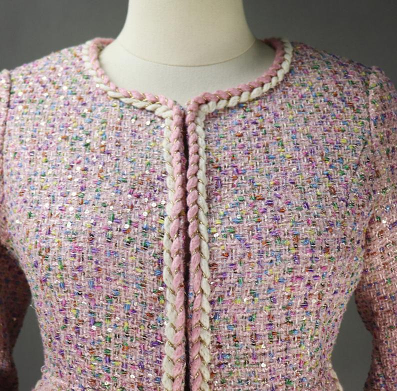 Womens Designer Inspired Big Pockets Custom Made Sequined Tweed Shorts/Skirt Suit Pink
