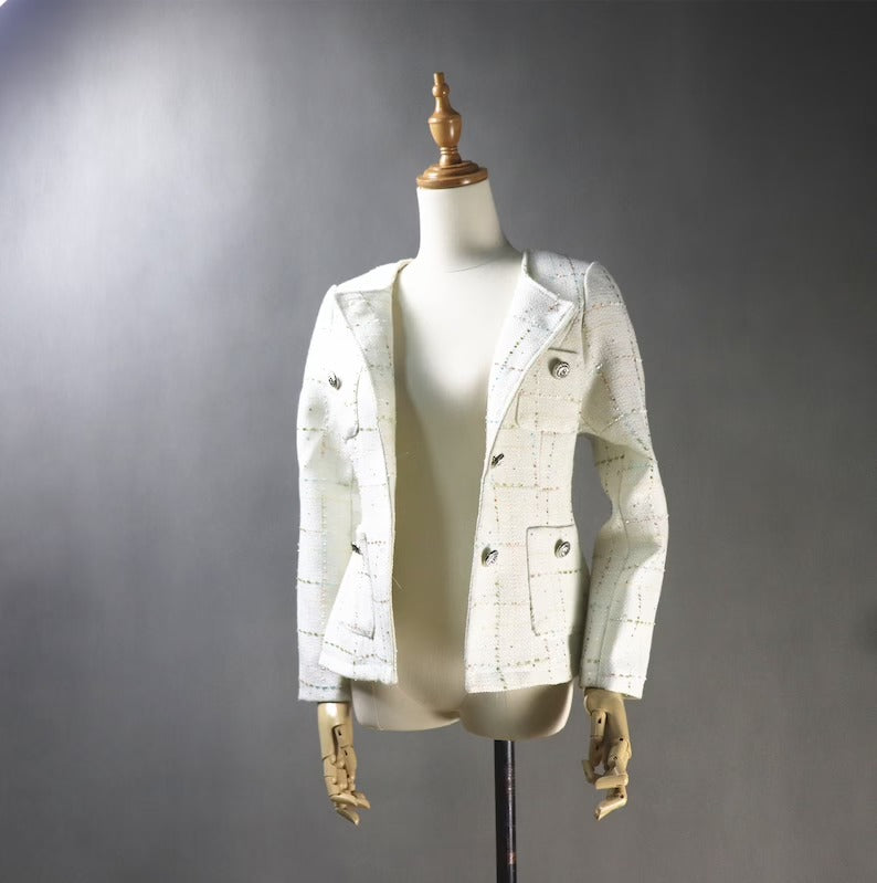 Women's Tailor MADE Check White Blazer *Custom Made* UK CUSTOMER SERVICE! Women's Tailor MADE Check White Blazer - Checked white tweed design with pockets. Suits and Coat have unique style. Can worn for inauguration, party ,wedding , events and ceremonies. We offer Shorts, Skirts, Trousers for the suit. Our tailor will make as per customer requirement like with pocket, sleeveless, without pocket etc.