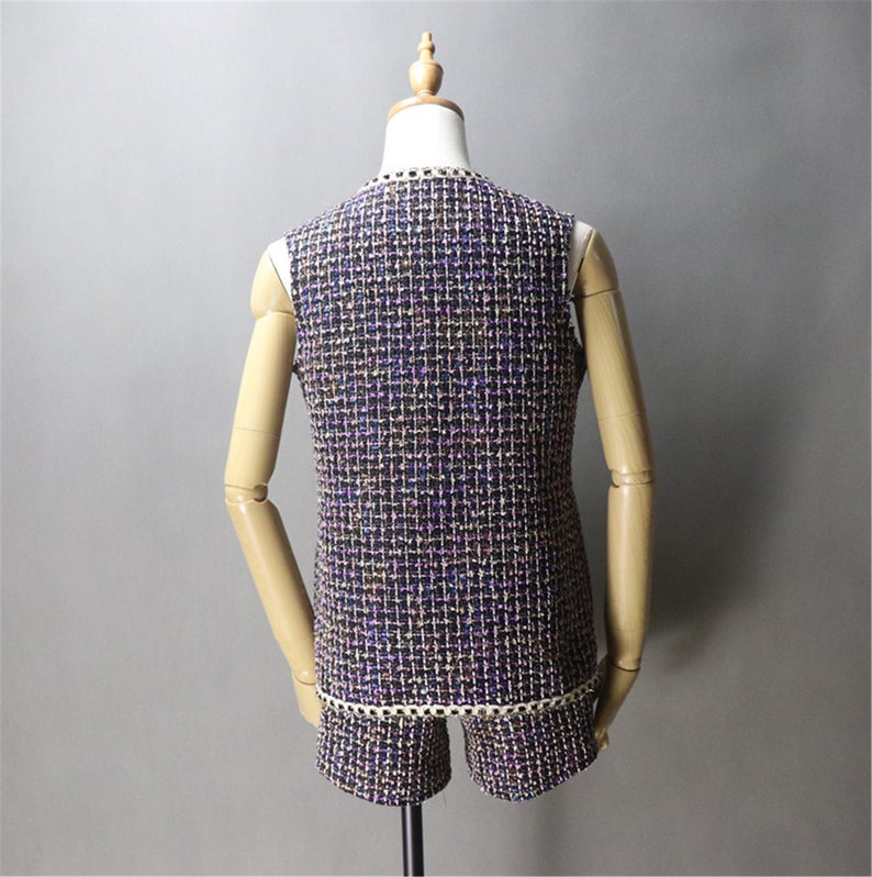 Women's Designer gilet Asymmetric Trim Pockets Tweed Vest + Shorts - Fashion Pioneer