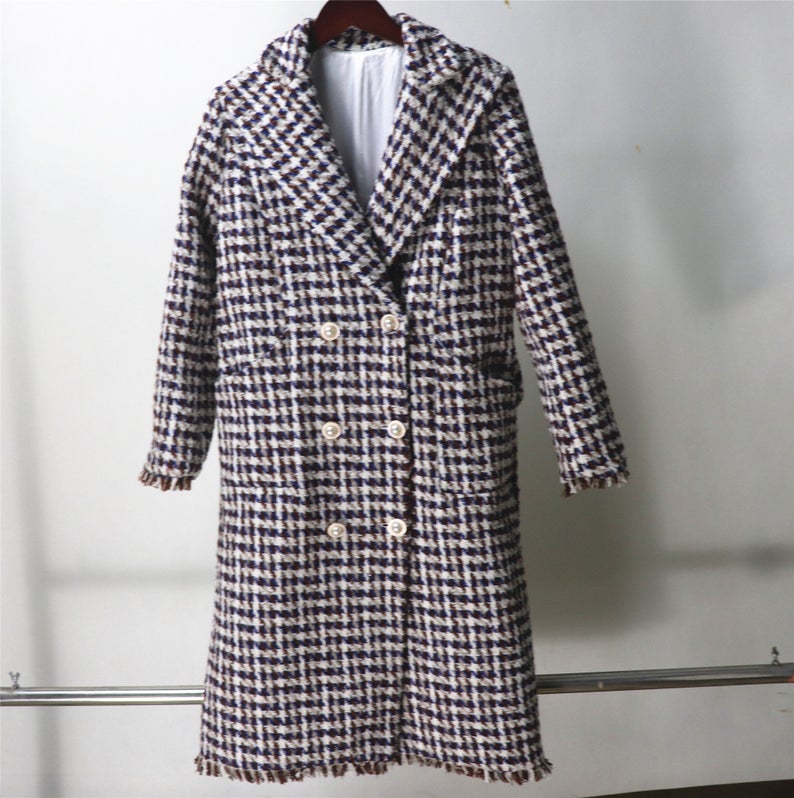Womens Designer Inspired CUSTOM MADE Houndstooth Checked Wool Blend Tweed Long Coat UK CUSTOMER SERVICE! Womens Designer Inspired CUSTOM MADE Houndstooth Checked Wool Blend Tweed Long Coat - All items are made to order. Please advise your height, weight and body measurements ( Bust, shoulder, Sleeves, Waist and Length etc). Our tailors will make the order for you! Materials: Wool blend (20% Wool)