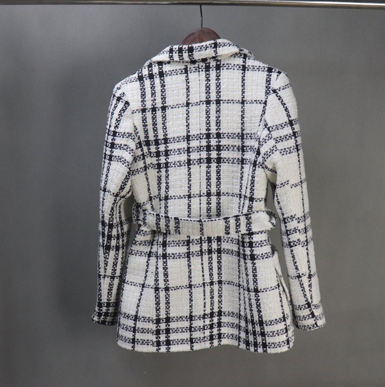 Tweed Checked Double Breasted Coat White *Customized Size* UK CUSTOMER SERVICE! Tweed Checked Double Breasted Coat White - This is front pocket with pearl button and front tie belt, Long Sleeves, sliver lined with black and white checked tweed fabric. Can worn winter time , outside and autumn season.