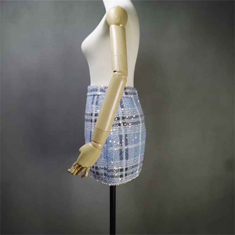 Women's Sequined Blue Check Tweed Suits And Coat UK CUSTOMER SERVICE! Women's Sequined Blue Check Tweed Suits And Coat - Sequined Suits and Coat have unique style. We offer Shorts, Skirts, Trousers for the suit. Our tailor will make as per customer requirement like with pocket, sleeveless, without pocket etc. All items are made to order with very experienced tailors. Please advise your height, weight and body measurements