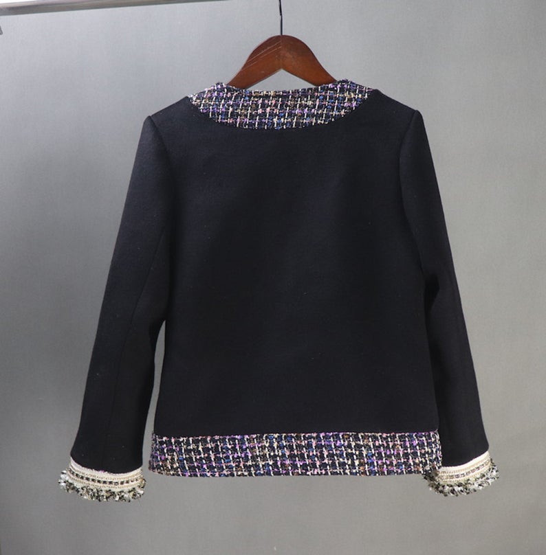 Wool Black Jacket Coat Blazer Custom Made For Women UK CUSTOMER SERVICE! Wool Black Jacket Coat Blazer Custom Made For Women - This is 50% wool and Tweed fabric. Unique look. Dry Cleaning and No machine wash. Feel light weight and worn for all occasion. Front tassel and round neck. No matter if you're heading out to shop or to the office. Feel free to wear with Shorts or Skirt or Trousers. We offer Shorts, Skirts, Trousers for the suit.