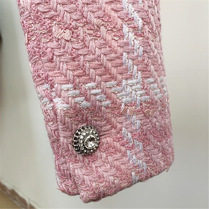 Women's Designer Inspired Jewellery Buttons Tweed Pink Crop Blazer + Skirt UK CUSTOMER SERVICE! Women's Jewellery Buttons Tweed Pink Crop Blazer + Skirt, can worn for casual wear, party, lunch with friends. Feel more comfort and good. Size: UK 4-12/ EU 32-40/ US 0-8