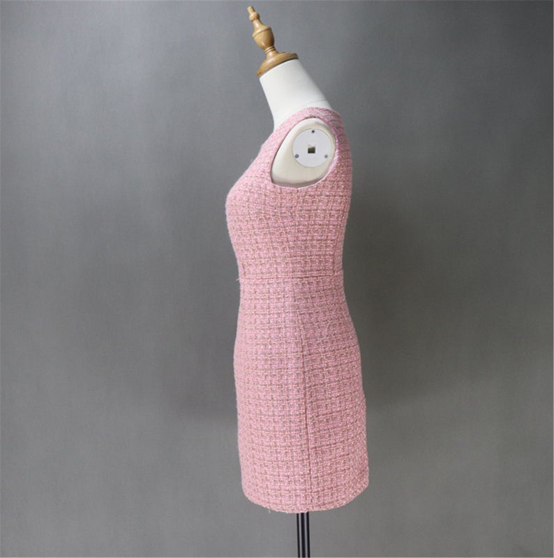 Pink Tweed Sheath Dress + Long Coat (20% discount) - This is tweed fabric, seasonal fabric, can wear all time. Back zip with long pink coat. Look gorgeous and feel comfort to wear. Can wear official use, Business use ,ceremony and inauguration. As per customer requirement, our tailor will made change in pink tweed fabric and coat.