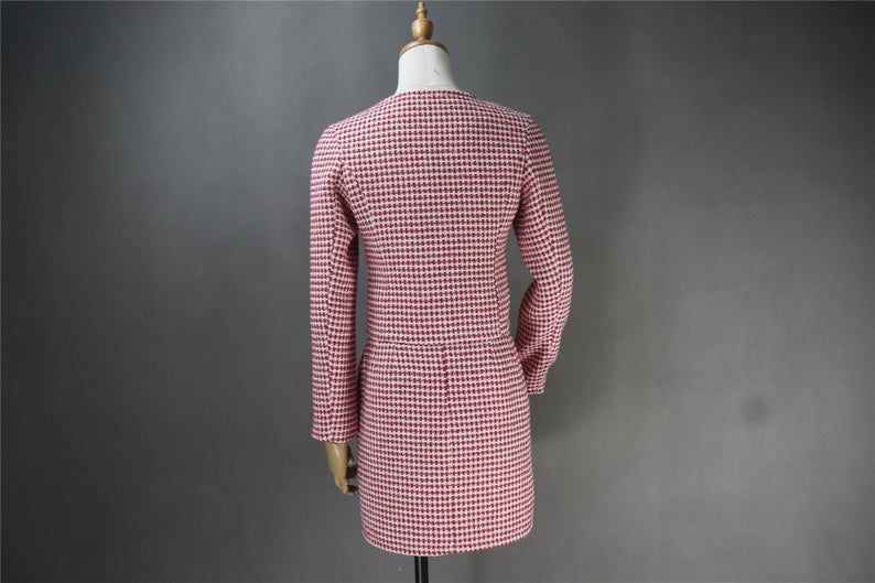 Custom Made Tweed Squire Neck Small Check Blazer + Skirt Suit