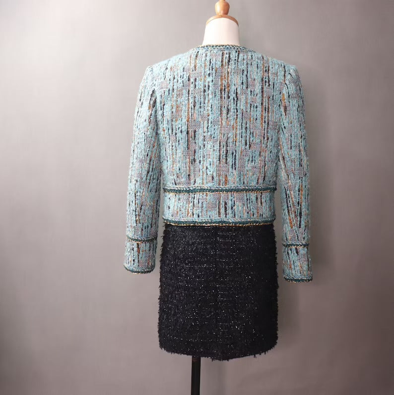 Blue Multi-Color Tweed Jacket Coat Blazer For Womens UK CUSTOMER SERVICE! Coat And Sheath dress sold separately. Blue Multi-Color Tweed Jacket Coat Blazer - We offer Shorts, Skirts, Trousers for the suit. The coat is suits to any dress like sheath dress. Our tailor will make as per customer requirement like with pocket, sleeveless, without pocket etc.