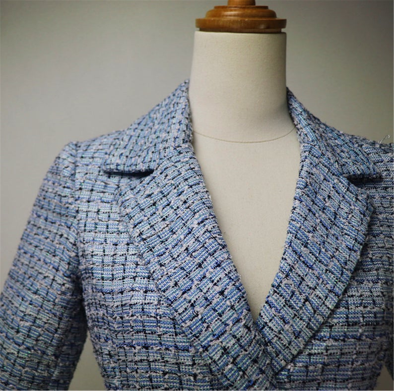Custom Made Check Pattern Blue Tweed Blazer + Skirt/Shorts Suit